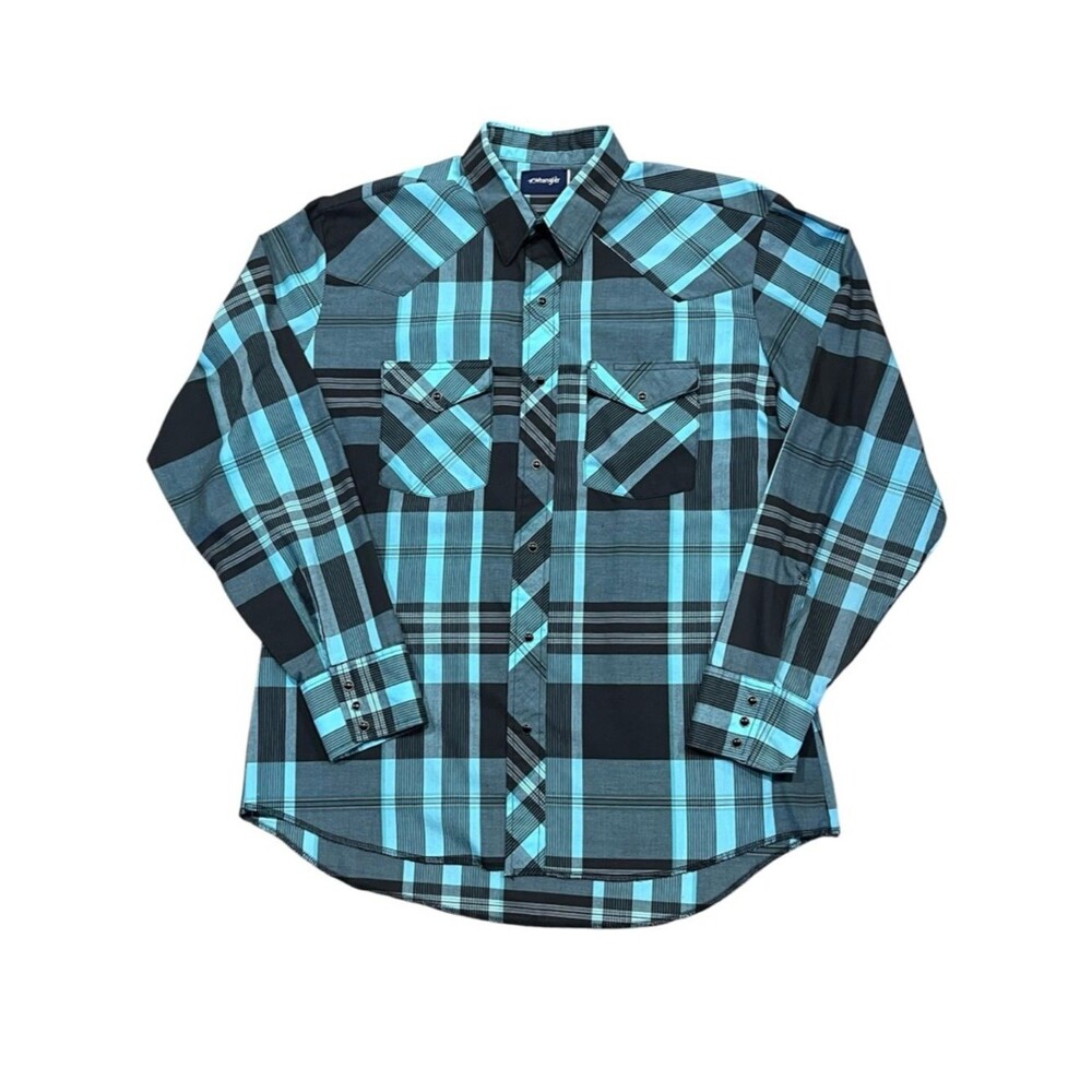 Wrangler Blue Black Plaid Shirt Western Snap Front Turquoise Classic Mens Medium